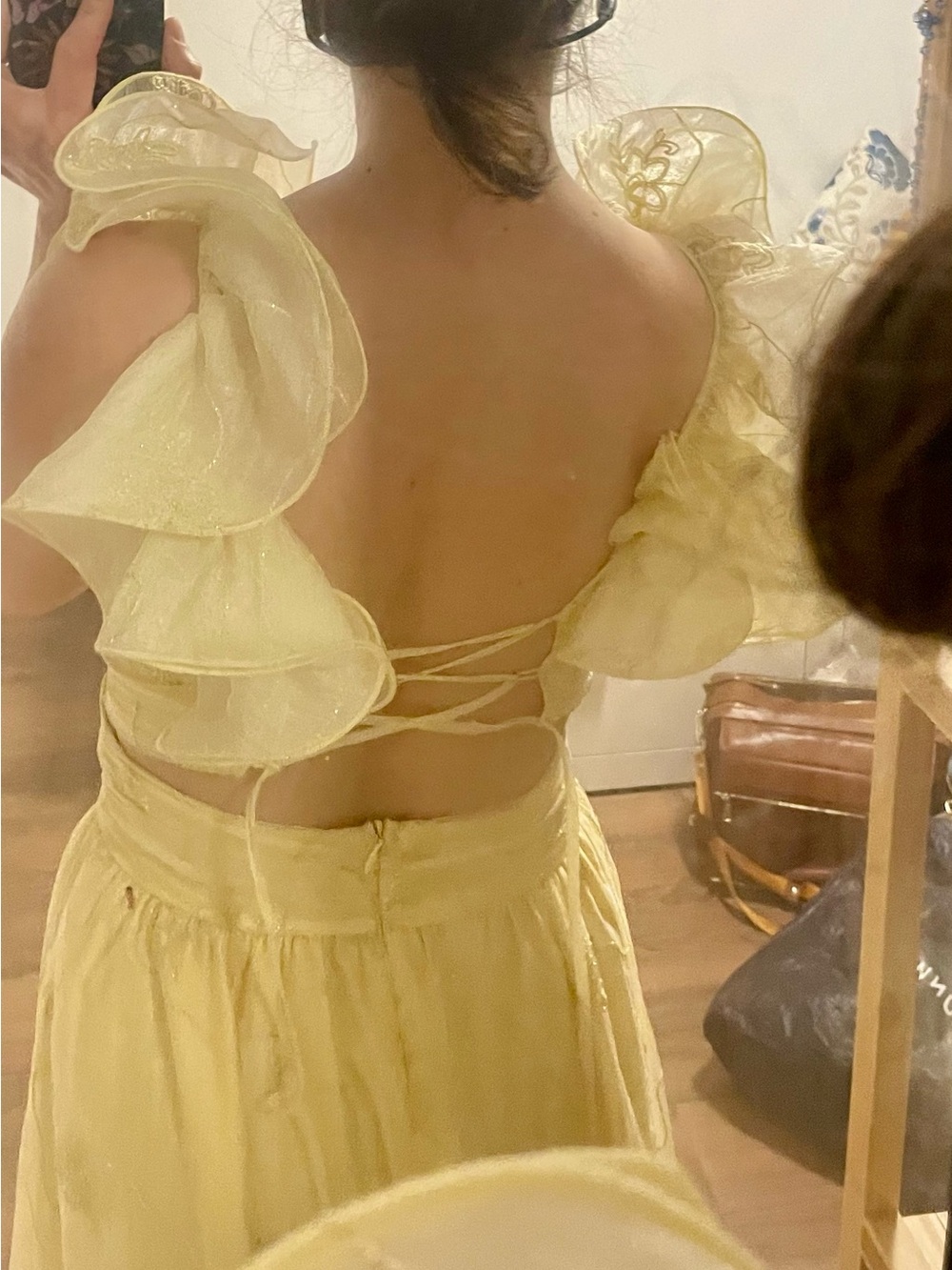 Yellow Ruffled Strap Maxi Dress Gold Embroidery Prom Dress Graduation - Picture 3 of 4